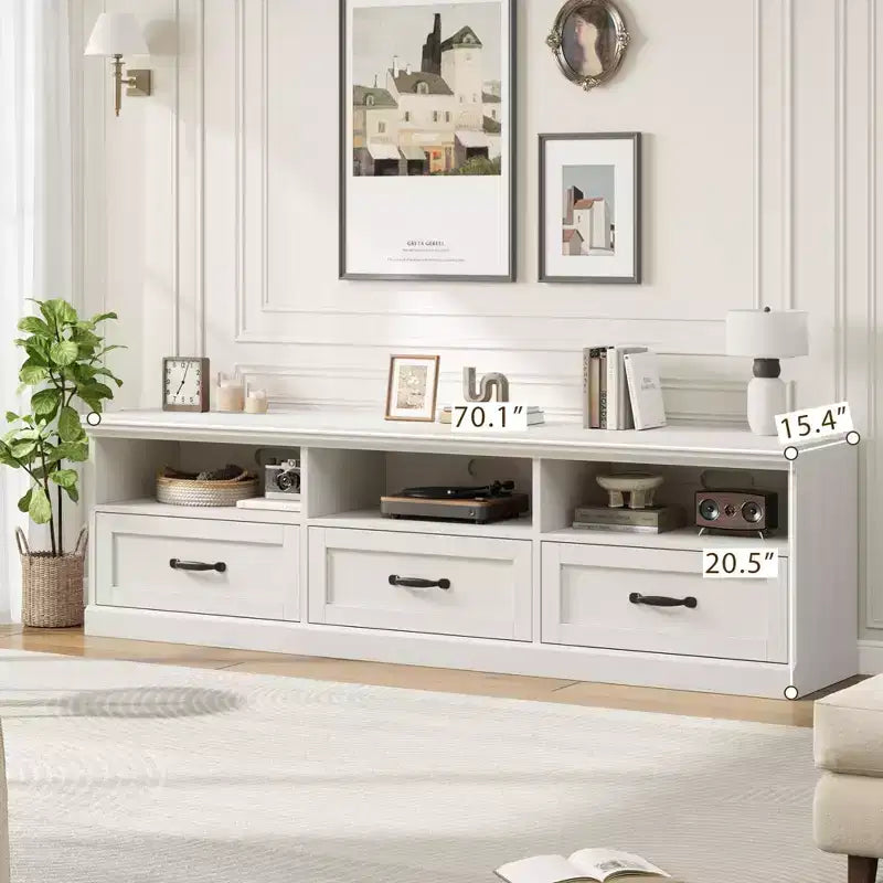 Meuble TV 70 pouces pour téléviseurs jusqu'à 80 pouces, Meuble TV de divertissement moderne du milieu du siècle avec tiroir de rangement et étagères ouvertes, Meuble TV pour chambre