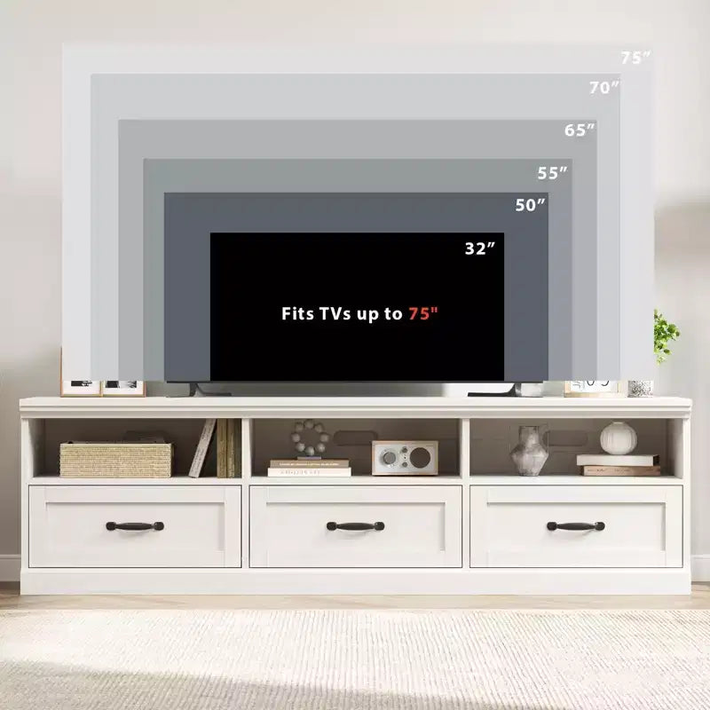 Meuble TV 70 pouces pour téléviseurs jusqu'à 80 pouces, Meuble TV de divertissement moderne du milieu du siècle avec tiroir de rangement et étagères ouvertes, Meuble TV pour chambre