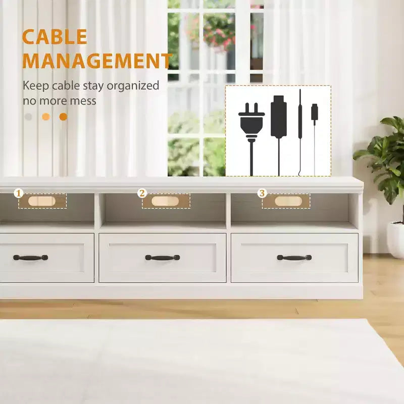 Meuble TV 70 pouces pour téléviseurs jusqu'à 80 pouces, Meuble TV de divertissement moderne du milieu du siècle avec tiroir de rangement et étagères ouvertes, Meuble TV pour chambre
