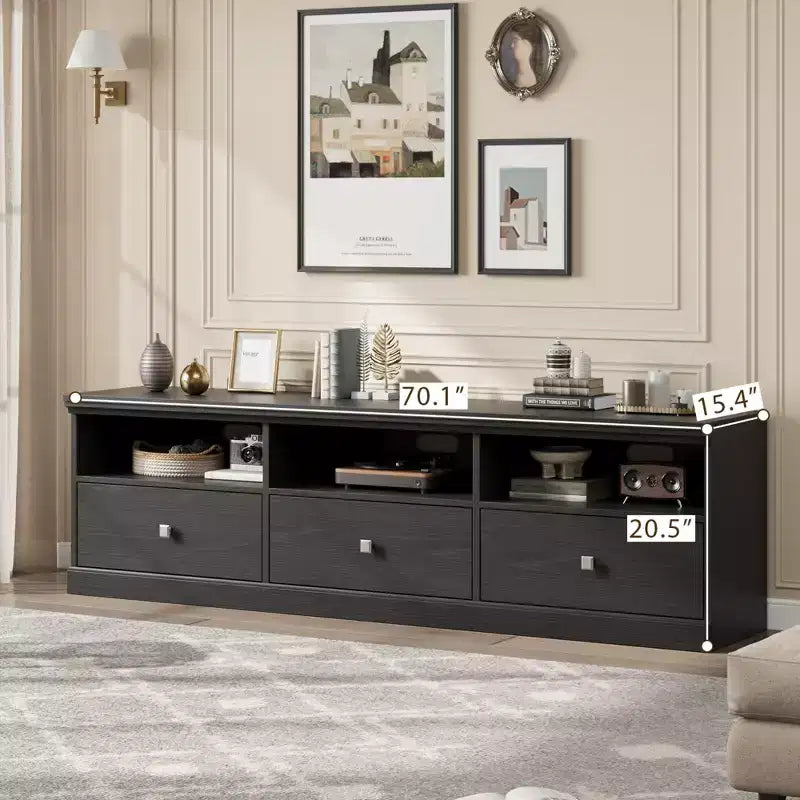 Meuble TV 70 pouces pour téléviseurs jusqu'à 80 pouces, Meuble TV de divertissement moderne du milieu du siècle avec tiroir de rangement et étagères ouvertes, Meuble TV pour chambre