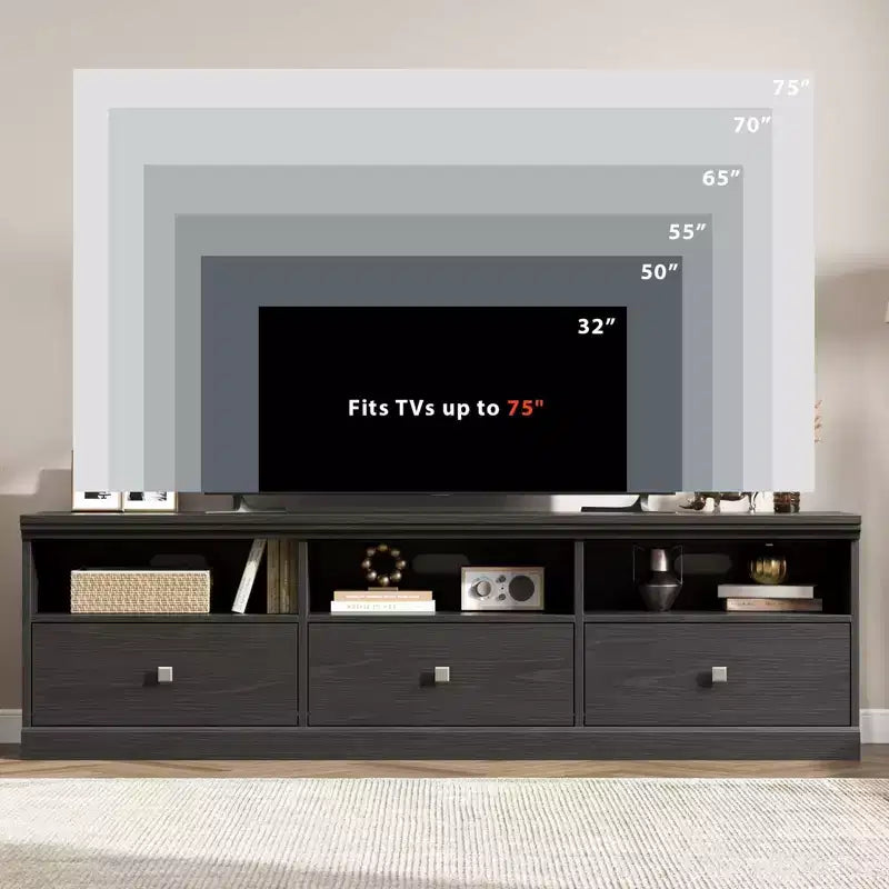 Meuble TV 70 pouces pour téléviseurs jusqu'à 80 pouces, Meuble TV de divertissement moderne du milieu du siècle avec tiroir de rangement et étagères ouvertes, Meuble TV pour chambre