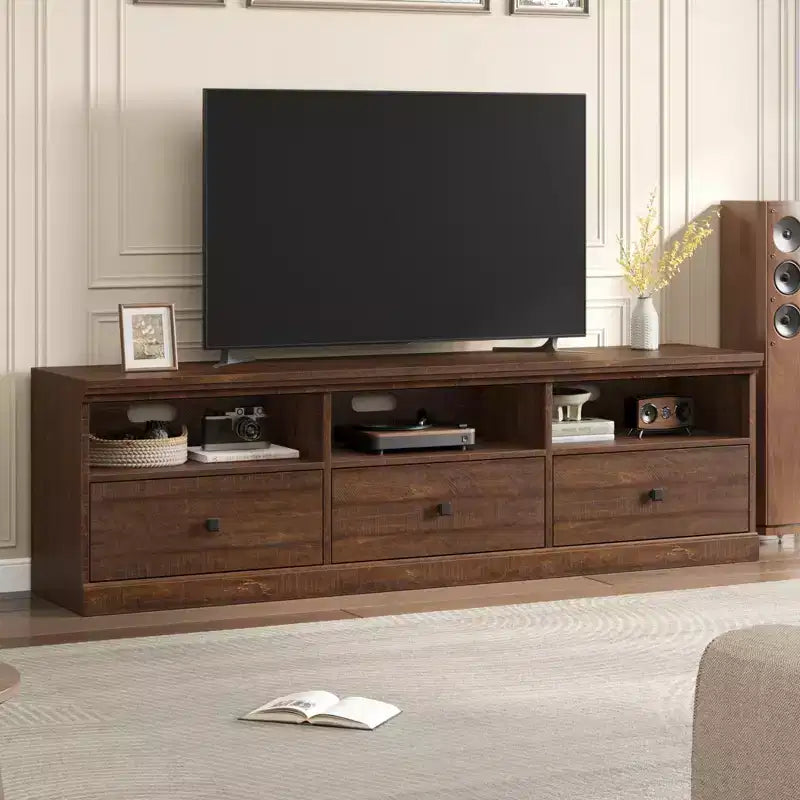 Meuble TV 70 pouces pour téléviseurs jusqu'à 80 pouces, Meuble TV de divertissement moderne du milieu du siècle avec tiroir de rangement et étagères ouvertes, Meuble TV pour chambre