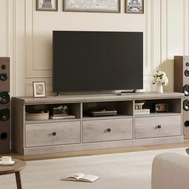 Meuble TV 70 pouces pour téléviseurs jusqu'à 80 pouces, Meuble TV de divertissement moderne du milieu du siècle avec tiroir de rangement et étagères ouvertes, Meuble TV pour chambre