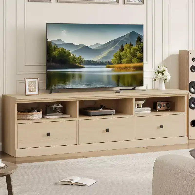 Meuble TV 70 pouces pour téléviseurs jusqu'à 80 pouces, Meuble TV de divertissement moderne du milieu du siècle avec tiroir de rangement et étagères ouvertes, Meuble TV pour chambre