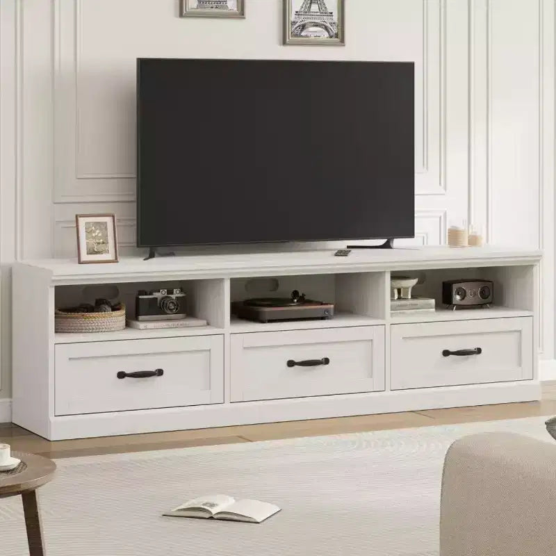 Meuble TV 70 pouces pour téléviseurs jusqu'à 80 pouces, Meuble TV de divertissement moderne du milieu du siècle avec tiroir de rangement et étagères ouvertes, Meuble TV pour chambre