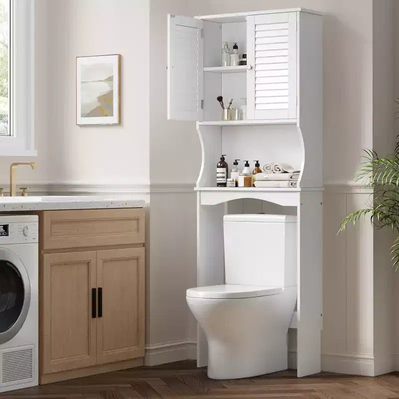 Meuble de rangement WC COZONY avec étagères réglables, Organisateur de salle de bain ventilé avec support mural