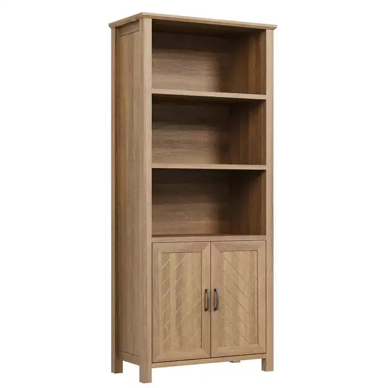 Étagère de 70 pouces de haut à 5 niveaux avec portes de grange et étagères réglables, Bibliothèque de style ferme en noyer avec armoire de rangement