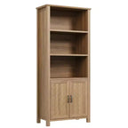 Étagère de 70 pouces de haut à 5 niveaux avec portes de grange et étagères réglables, Bibliothèque de style ferme en noyer avec armoire de rangement