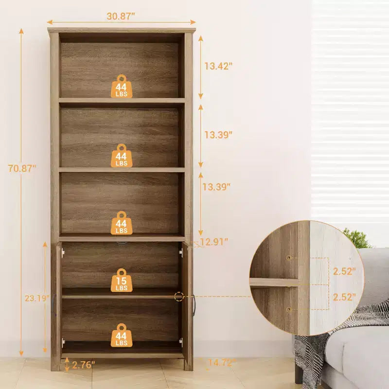 Étagère de 70 pouces de haut à 5 niveaux avec portes de grange et étagères réglables, Bibliothèque de style ferme en noyer avec armoire de rangement