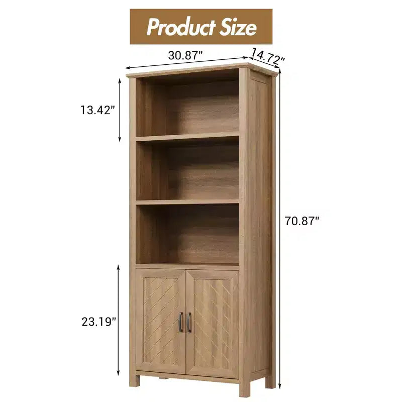 Étagère de 70 pouces de haut à 5 niveaux avec portes de grange et étagères réglables, Bibliothèque de style ferme en noyer avec armoire de rangement