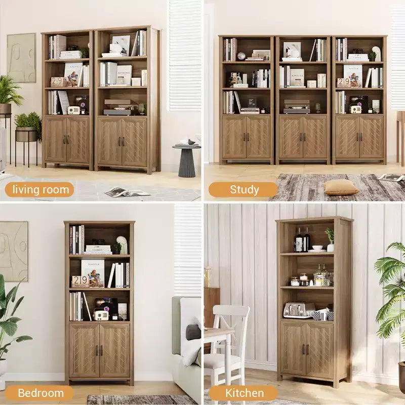 Étagère de 70 pouces de haut à 5 niveaux avec portes de grange et étagères réglables, Bibliothèque de style ferme en noyer avec armoire de rangement