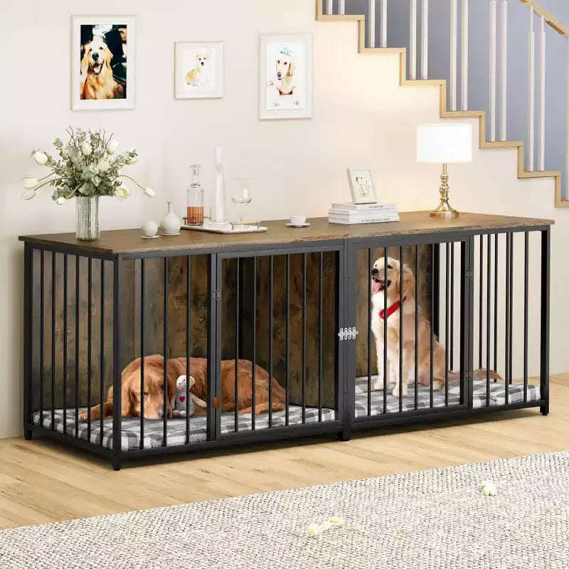 Meuble TV chenil intérieur robuste de 80 pouces pour 2 chiens de taille moyenne, marron