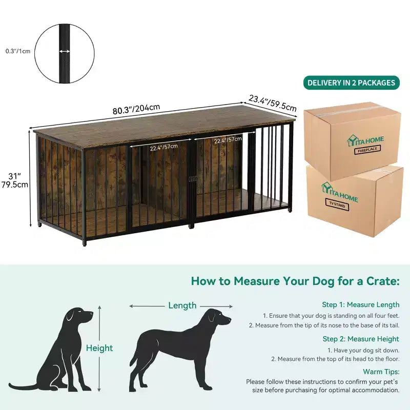 Meuble TV chenil intérieur robuste de 80 pouces pour 2 chiens de taille moyenne, marron