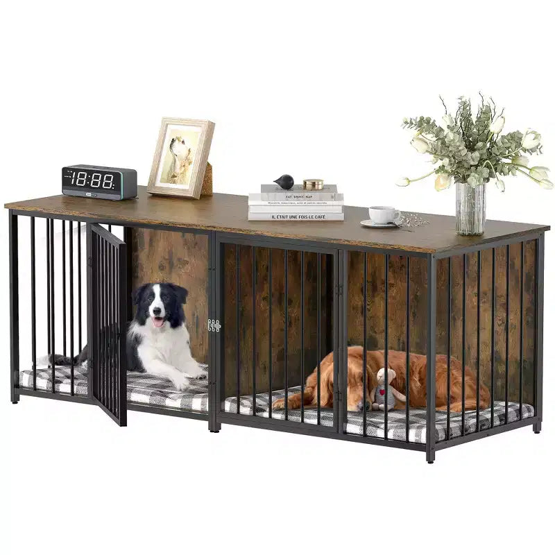 Meuble TV chenil intérieur robuste de 80 pouces pour 2 chiens de taille moyenne, marron