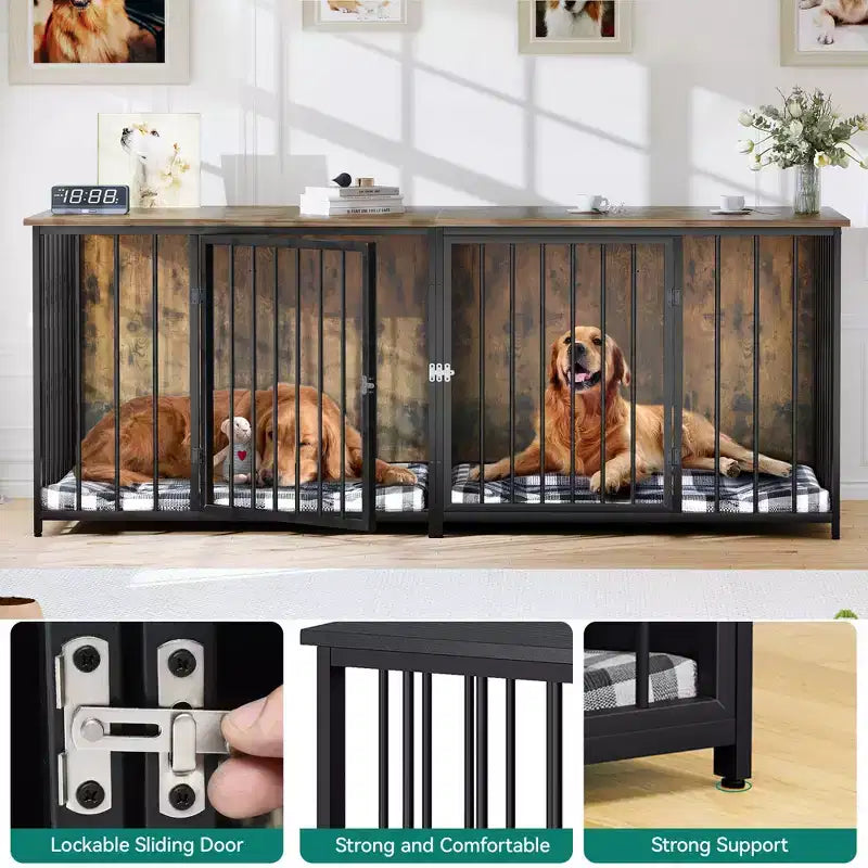 Meuble TV chenil intérieur robuste de 80 pouces pour 2 chiens de taille moyenne, marron