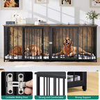 Meuble TV chenil intérieur robuste de 80 pouces pour 2 chiens de taille moyenne, marron