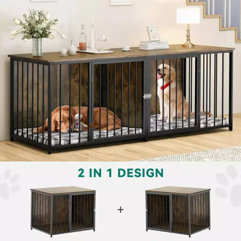 Meuble TV chenil intérieur robuste de 80 pouces pour 2 chiens de taille moyenne, marron