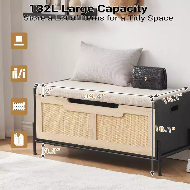 Banc de rangement en rotin avec charnière de sécurité, banc d'entrée avec rangement pour chambre, banc de rangement à chaussures, banc de bout de lit avec poignées latérales