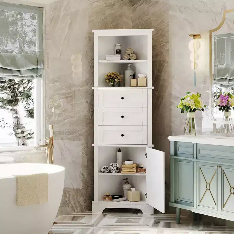 Meuble haut d'angle blanc avec 3 tiroirs et étagères réglables pour salle de bain, cuisine ou salon