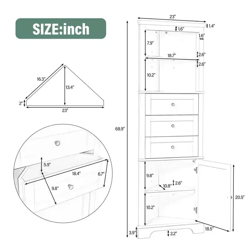Meuble haut d'angle blanc avec 3 tiroirs et étagères réglables pour salle de bain, cuisine ou salon