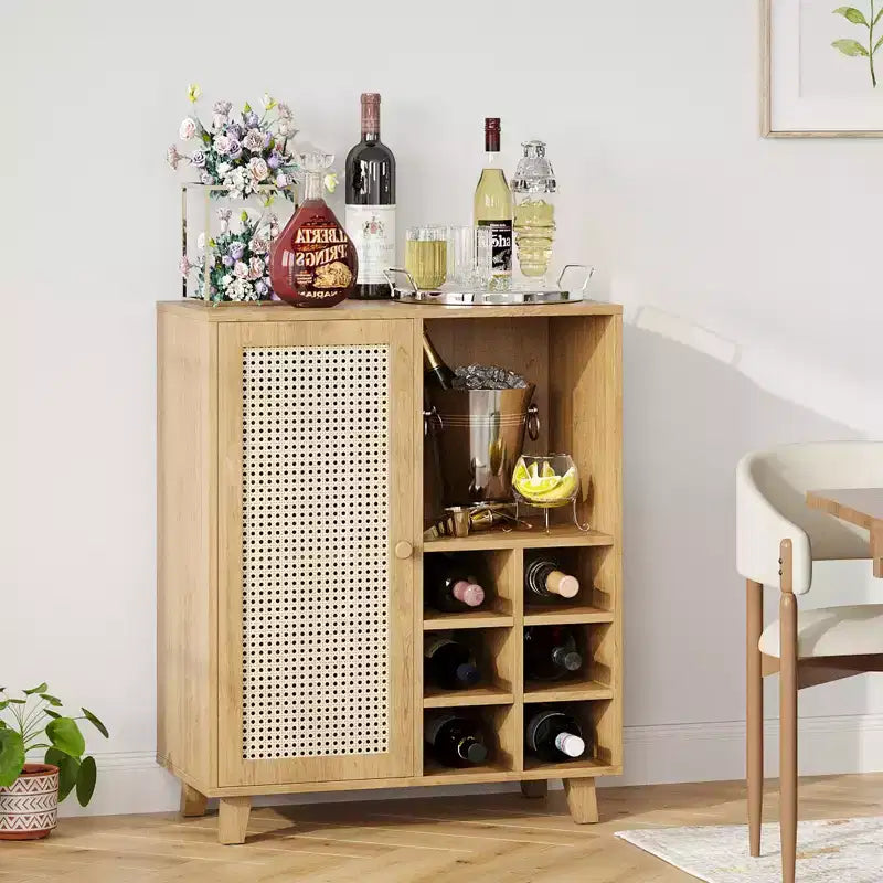 NAYSAYE 47 Bar Rail, Sideboard Cabinet, Storage Bar with Rose Racks Buffet Cabinet for Home Living Room Kitchen Entryway, Beige, 15*27.5*33.8