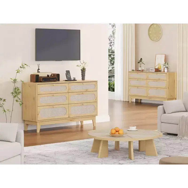 Commode de chambre en rotin avec prises, commode moderne naturelle avec poignées et pieds en bois, équipée de kits anti-basculement, chêne naturel