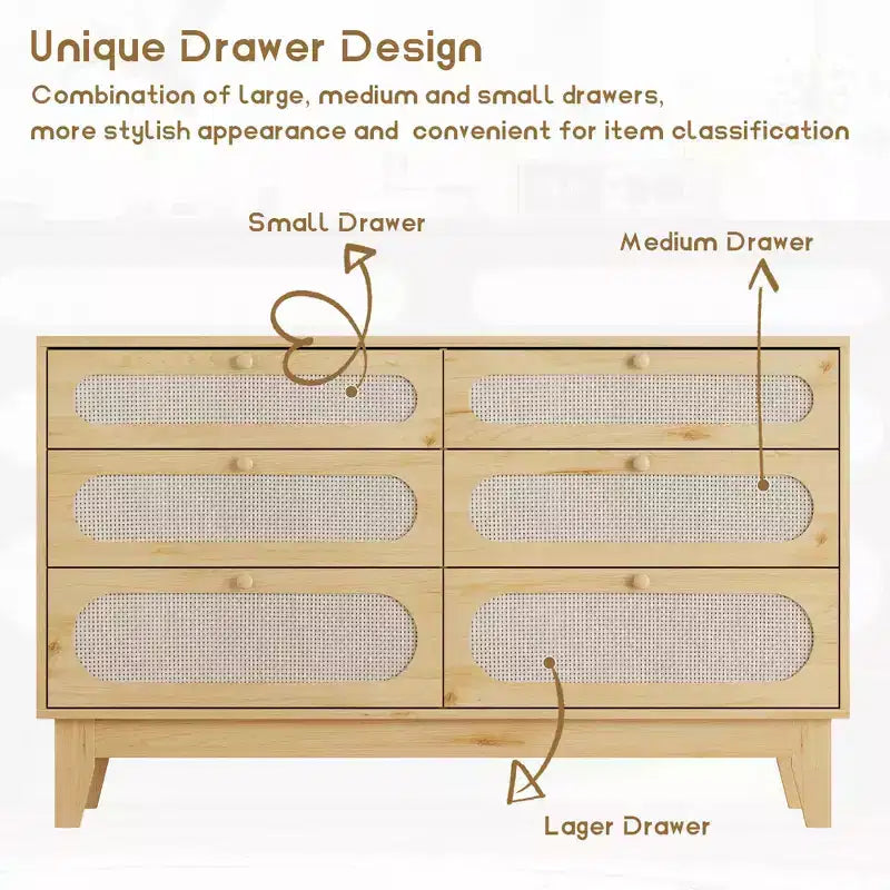 Commode de chambre en rotin avec prises, commode moderne naturelle avec poignées et pieds en bois, équipée de kits anti-basculement, chêne naturel