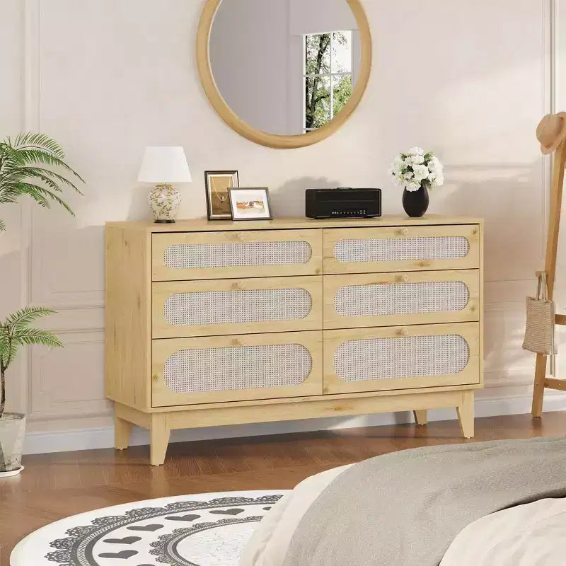 Commode de chambre en rotin avec prises, commode moderne naturelle avec poignées et pieds en bois, équipée de kits anti-basculement, chêne naturel
