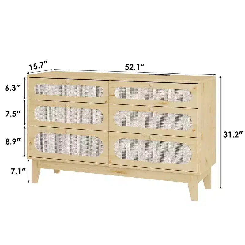 Commode de chambre en rotin avec prises, commode moderne naturelle avec poignées et pieds en bois, équipée de kits anti-basculement, chêne naturel