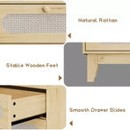 Commode de chambre en rotin avec prises, commode moderne naturelle avec poignées et pieds en bois, équipée de kits anti-basculement, chêne naturel