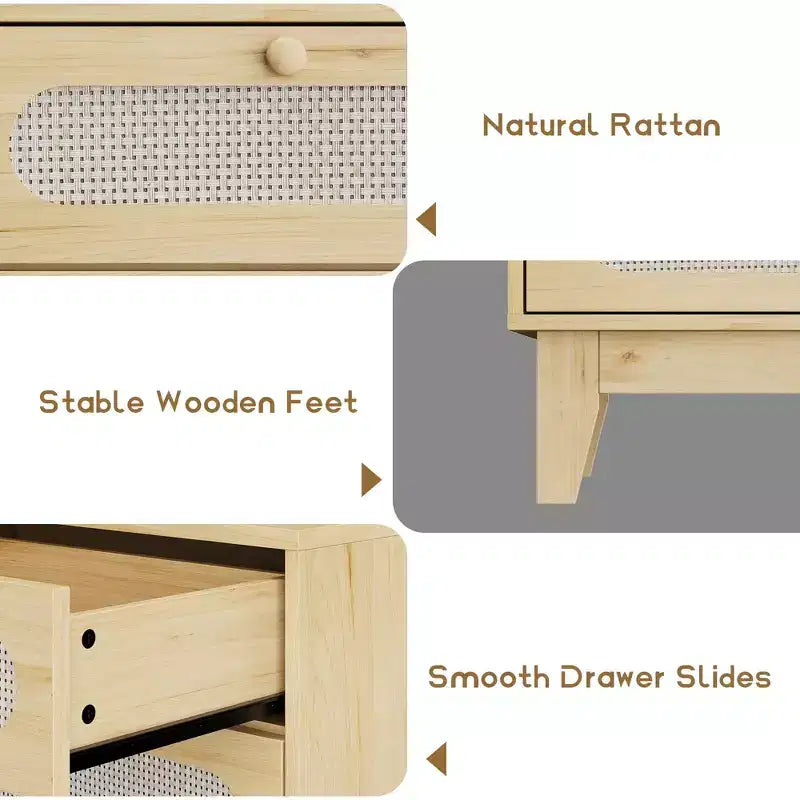 Commode de chambre en rotin avec prises, commode moderne naturelle avec poignées et pieds en bois, équipée de kits anti-basculement, chêne naturel