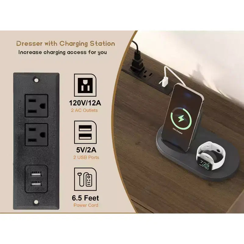Commode de chambre en rotin avec prises, commode moderne naturelle avec poignées et pieds en bois, équipée de kits anti-basculement, chêne naturel