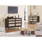 Commode de chambre en rotin avec prises, commode moderne naturelle avec poignées et pieds en bois, équipée de kits anti-basculement, chêne naturel