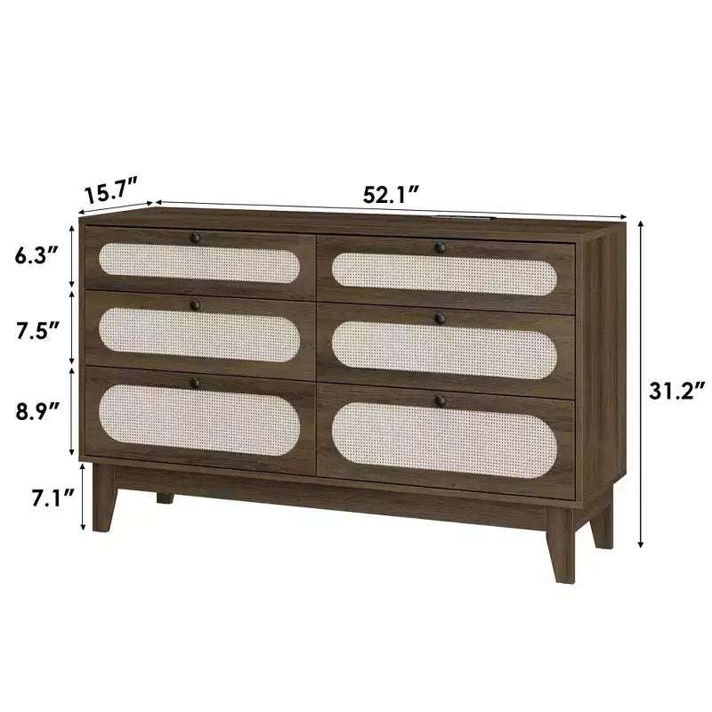 Commode de chambre en rotin avec prises, commode moderne naturelle avec poignées et pieds en bois, équipée de kits anti-basculement, chêne naturel
