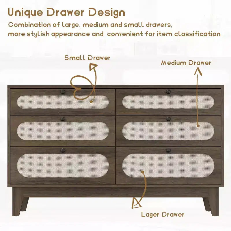 Commode de chambre en rotin avec prises, commode moderne naturelle avec poignées et pieds en bois, équipée de kits anti-basculement, chêne naturel