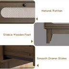 Commode de chambre en rotin avec prises, commode moderne naturelle avec poignées et pieds en bois, équipée de kits anti-basculement, chêne naturel