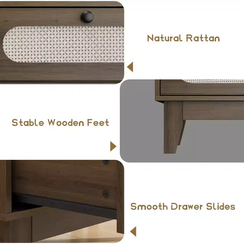 Commode de chambre en rotin avec prises, commode moderne naturelle avec poignées et pieds en bois, équipée de kits anti-basculement, chêne naturel