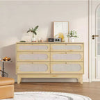 Commode de chambre en rotin avec prises, commode moderne naturelle avec poignées et pieds en bois, équipée de kits anti-basculement, chêne naturel