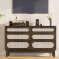 Power Outlet Rattan Dresser for Bedroom,Natural Modern Closet with Wooden Handles and Wooden Legs, Equipped with Anti-Tip Kits,Natural Oak