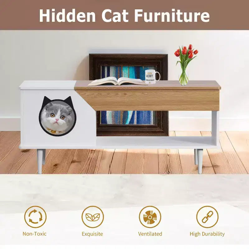45 table basse rustique Meuble multifonctionnel pour chat avec tiroir de rangement et bac à litière caché pour le salon