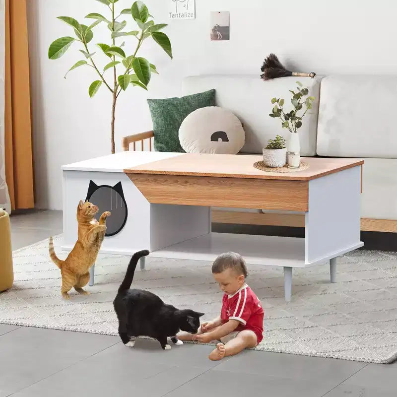 45 table basse rustique Meuble multifonctionnel pour chat avec tiroir de rangement et bac à litière caché pour le salon