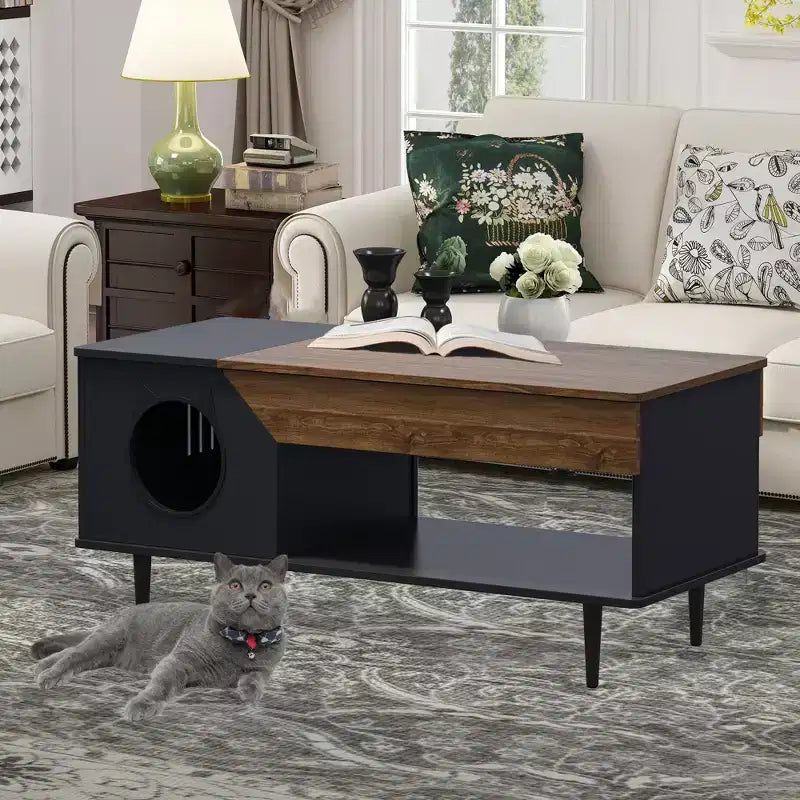 45 table basse rustique Meuble multifonctionnel pour chat avec tiroir de rangement et bac à litière caché pour le salon