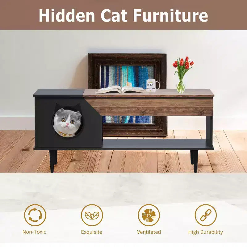 45 table basse rustique Meuble multifonctionnel pour chat avec tiroir de rangement et bac à litière caché pour le salon