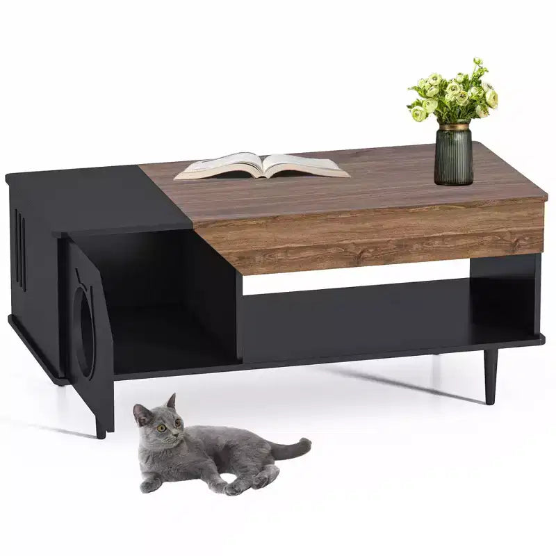 45 table basse rustique Meuble multifonctionnel pour chat avec tiroir de rangement et bac à litière caché pour le salon
