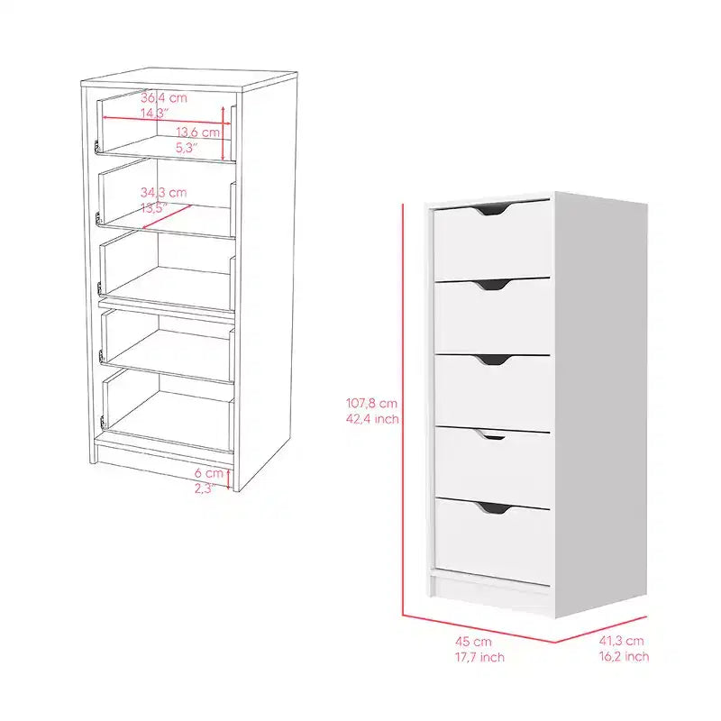Commode Kamran, cinq tiroirs étroits, finition blanche