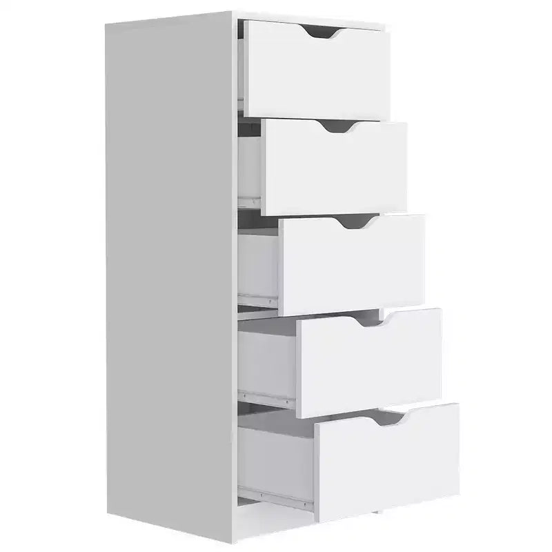Commode Kamran, cinq tiroirs étroits, finition blanche