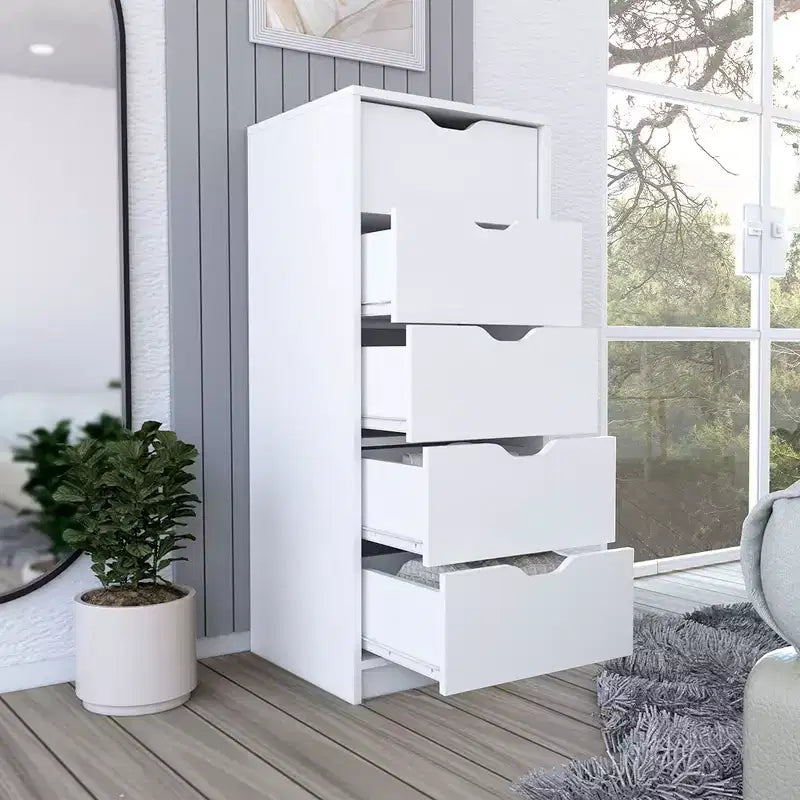 Commode Kamran, cinq tiroirs étroits, finition blanche