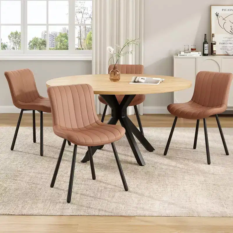 Table à manger Okak Mid-Century pour 4 à 6 personnes, table ronde avec pieds croisés en métal, table à dîner pour salon, salle à manger, cuisine