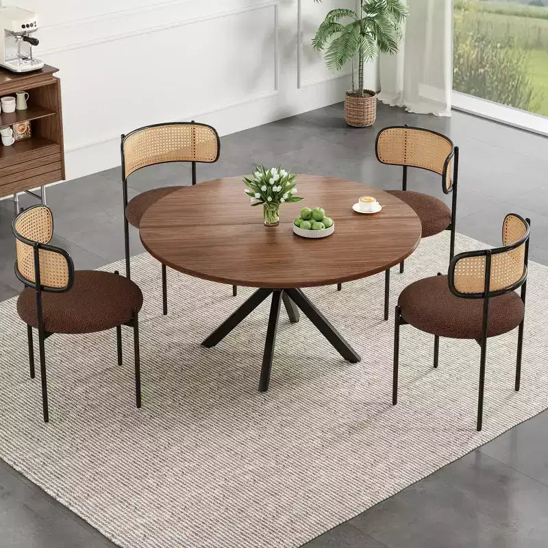 Table à manger Okak Mid-Century pour 4 à 6 personnes, table ronde avec pieds croisés en métal, table à dîner pour salon, salle à manger, cuisine