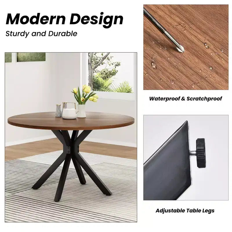 Table à manger Okak Mid-Century pour 4 à 6 personnes, table ronde avec pieds croisés en métal, table à dîner pour salon, salle à manger, cuisine